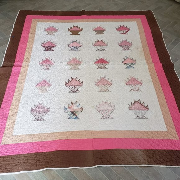 Antique 1860-1880 Cake Stand Basket Quilt Hand Sti - Picture 1 of 12